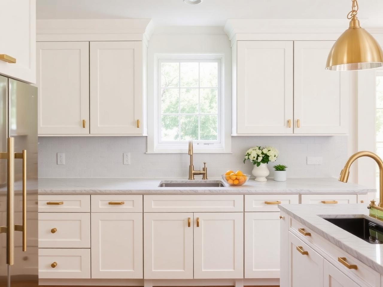 White kitchen cabinets with brass hardware