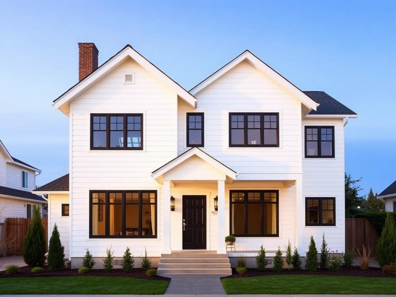 Modern farmhouse painted warm white with black trim