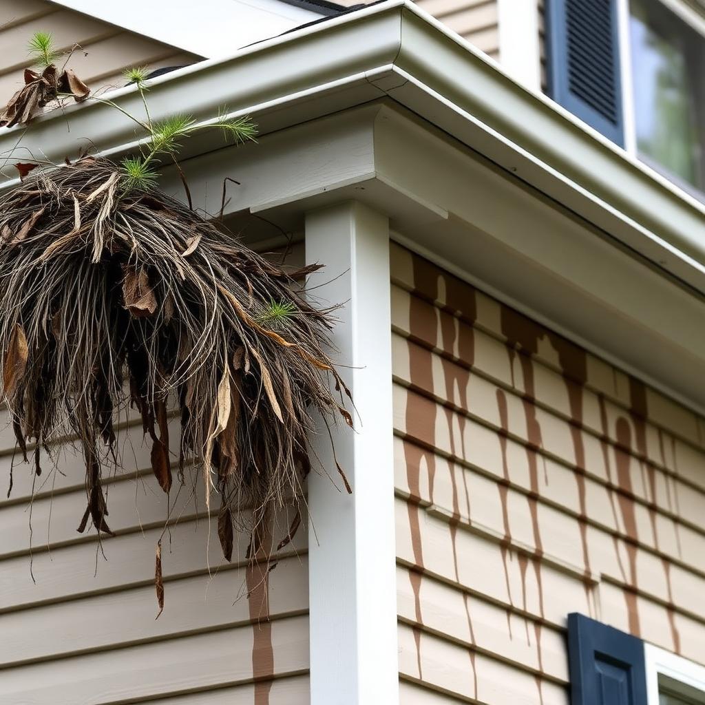 Two-story home corner with clogged gutter, sprouting weeds, and dark water stains streaking the siding