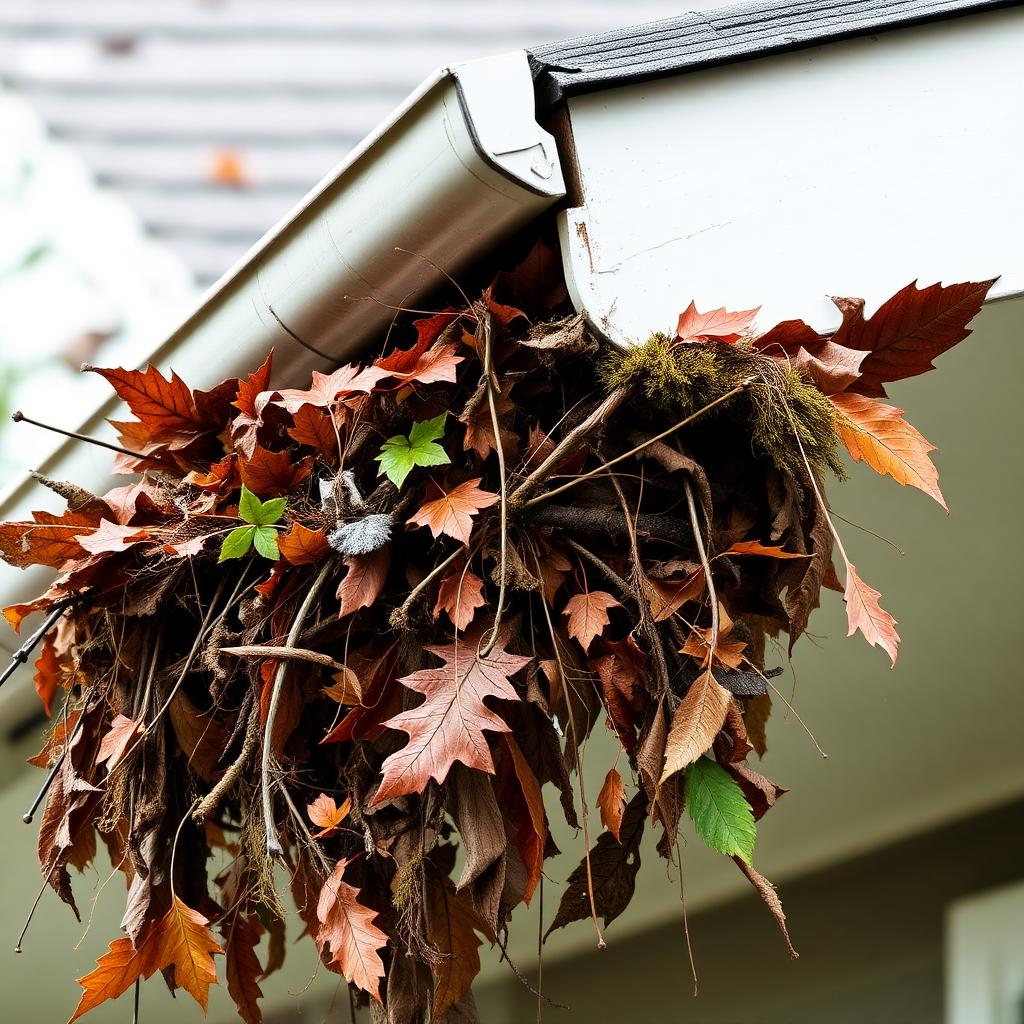 Rain gutter overflowing with wet leaves, moss, and debris before cleaning