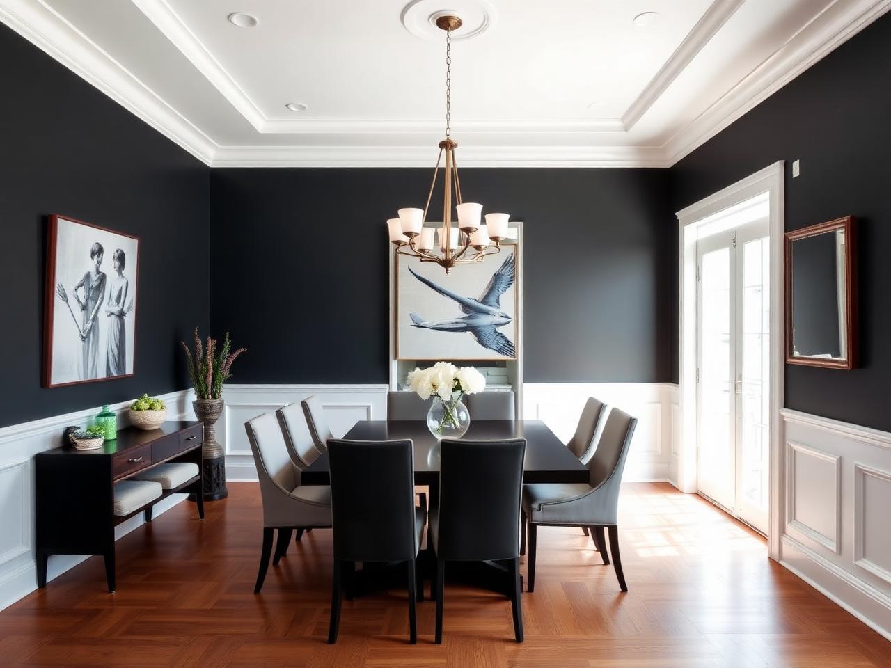 Dining room with charcoal walls and white wainscoting