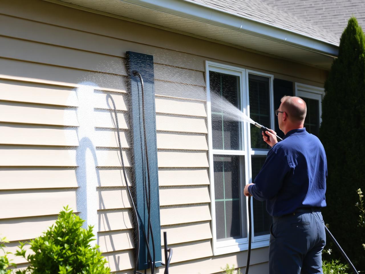 Home siding being pressure washed